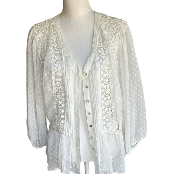 Meadow Rue Victorian Pleated Lace Swiss Dot Peplum Blouse Medium - Picture 7 of 14